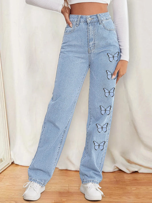 Butterfly printed women's jeans straight pants