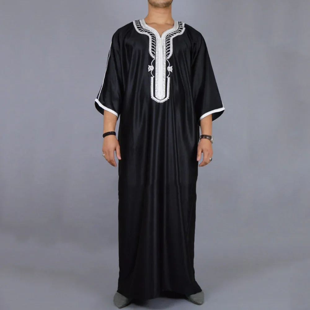 Muslim Men Fashion Abaya Arabic Islamic Clothing Loose Shirt Robe Jubba Thobe Ethnic Print Saudi Arab Middle East Male Vestidos