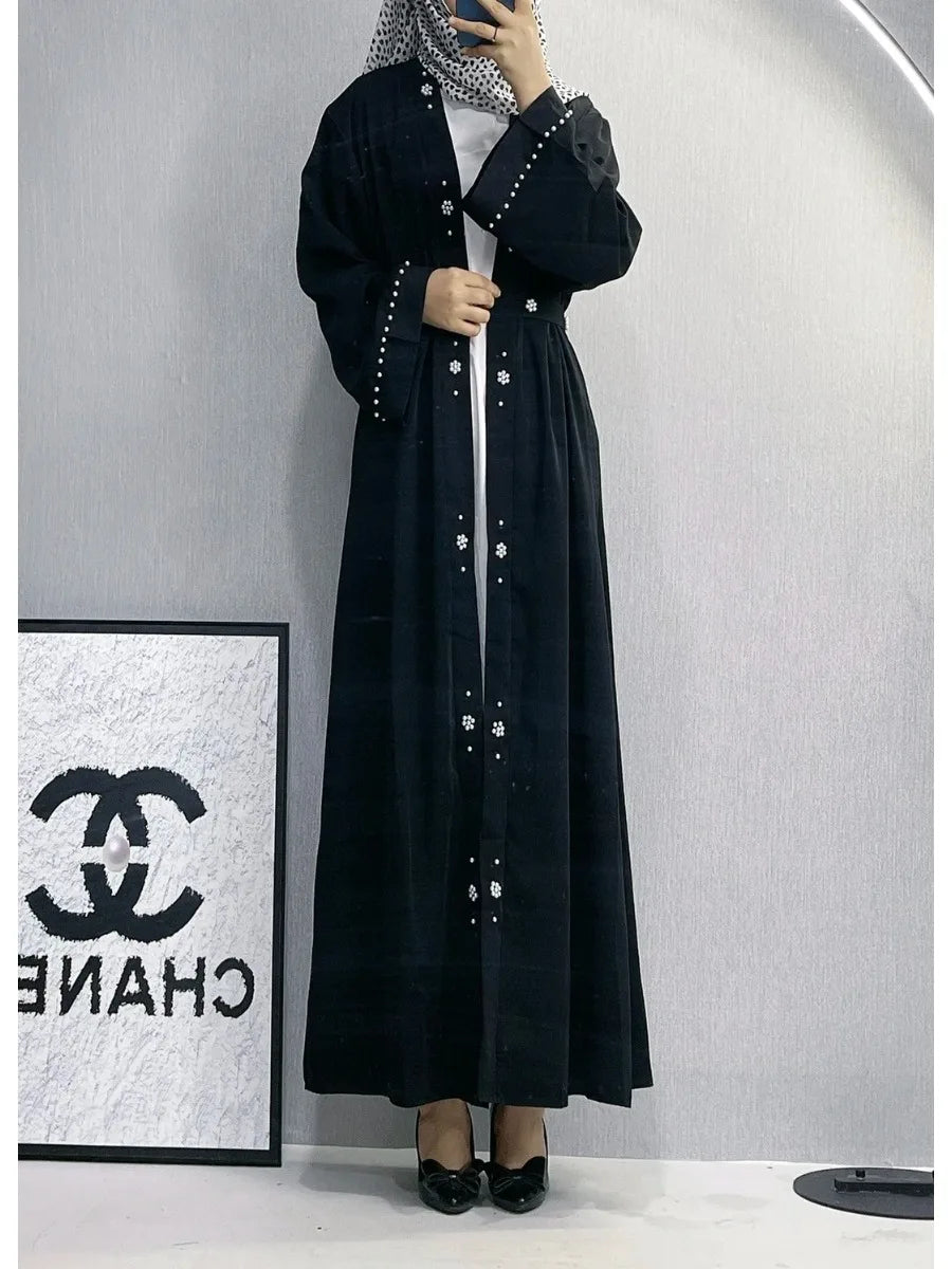 Women Eid Muslim Abaya Modest Belt Long Robe Pearls Loose Ramadan Morocco Dubai Cardigan Beading Abayas Kaftan Vestidos 2024