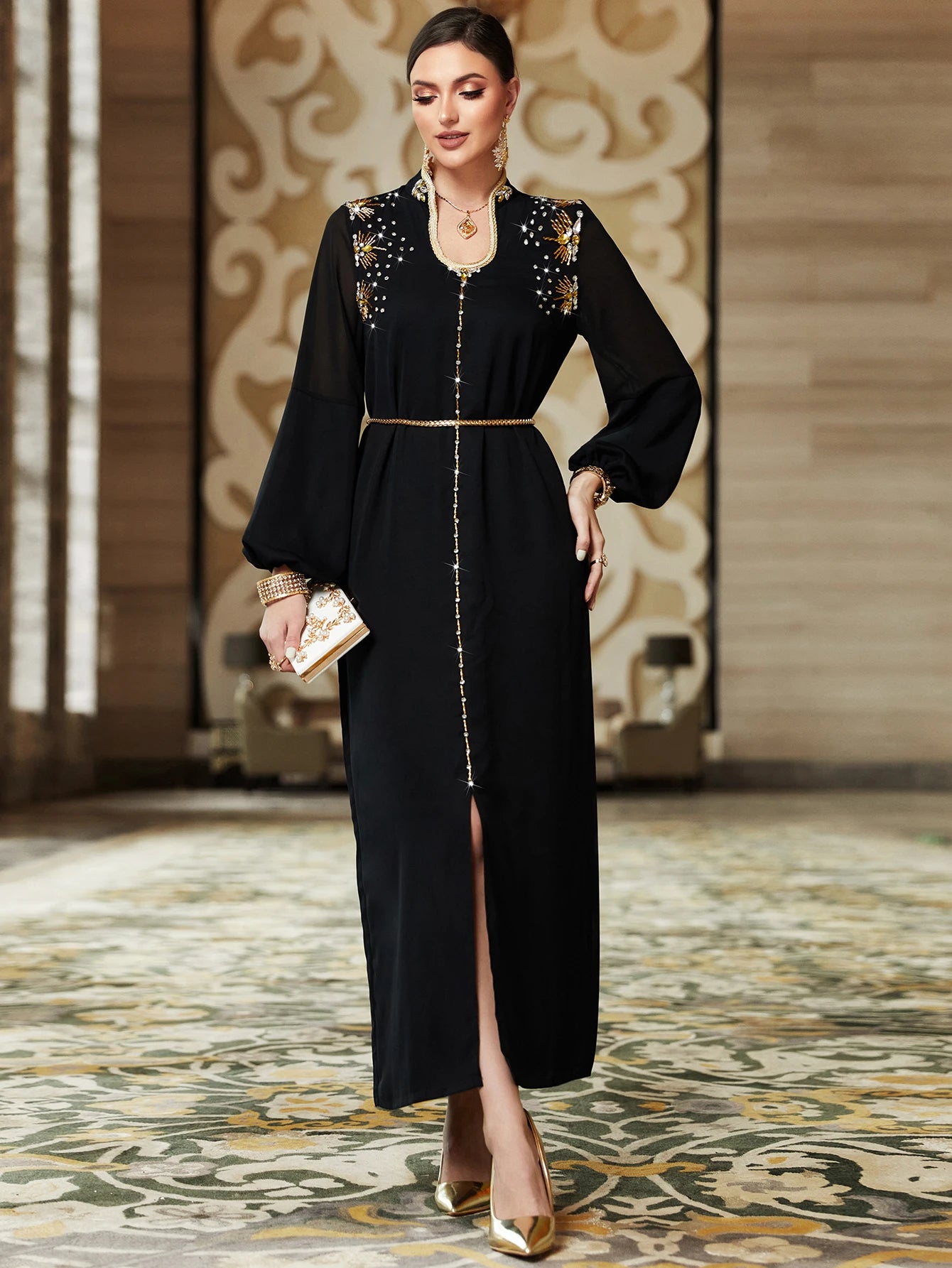 Autumn Muslim Party Dress for Women Abaya Ramadan Eid Diamond Jalabiya Elegant Long Dresses Woman Lace-up Vestidos Robe 2023