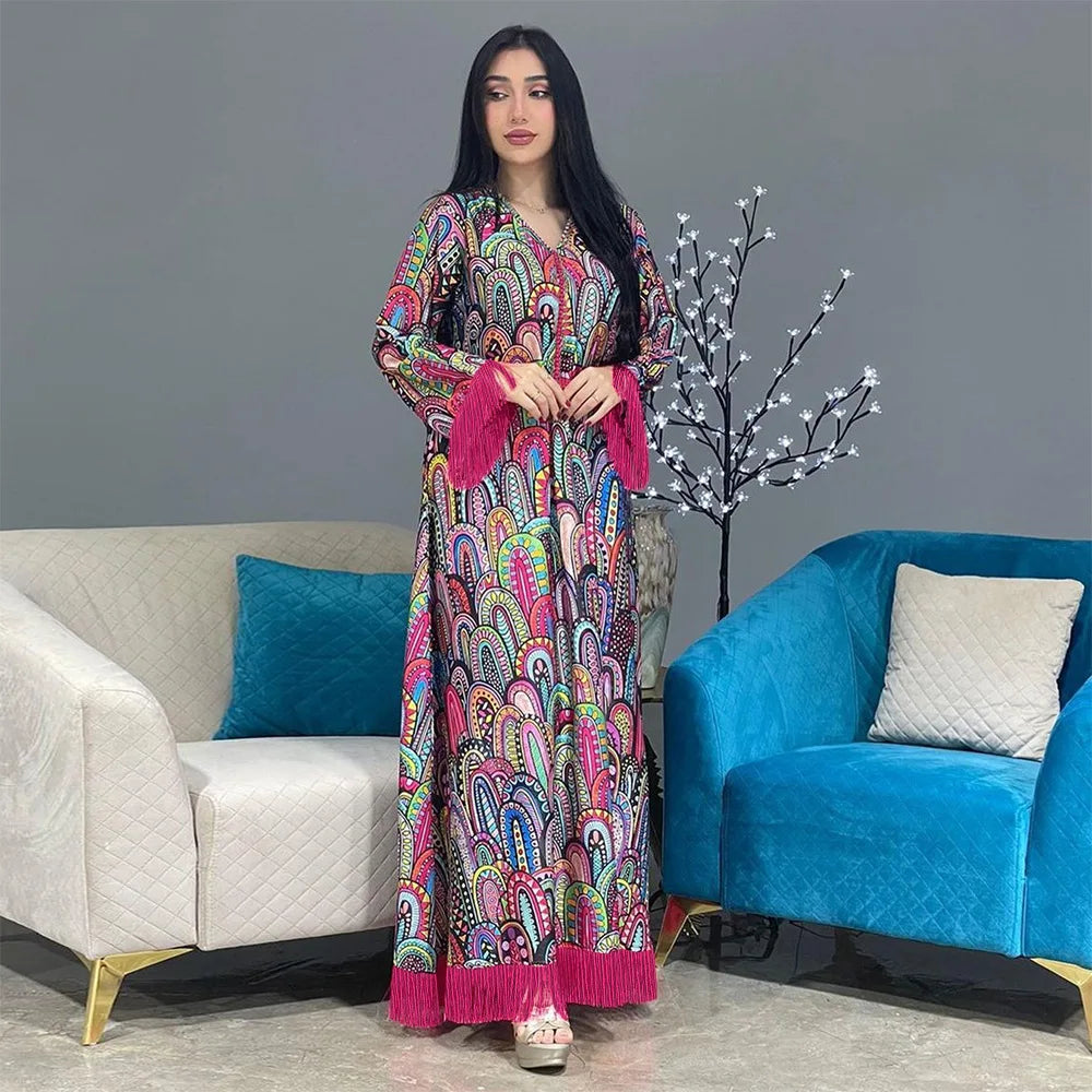 Eid Muslim Print Tassels Dress Women Abaya Jalabiya Long Dresses Abayas Ramadan Woman Turkey Moroccan Caftan Vestidos Elegant