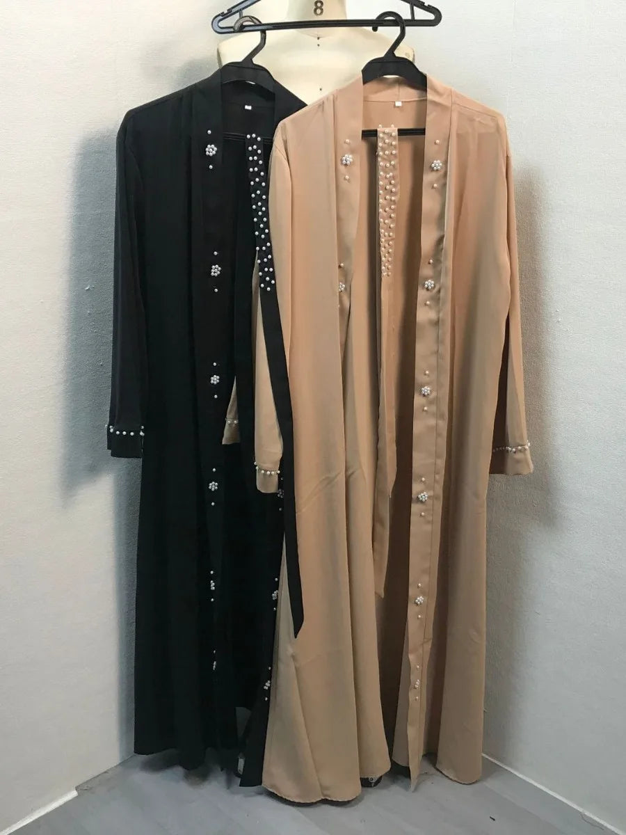 Women Eid Muslim Abaya Modest Belt Long Robe Pearls Loose Ramadan Morocco Dubai Cardigan Beading Abayas Kaftan Vestidos 2024