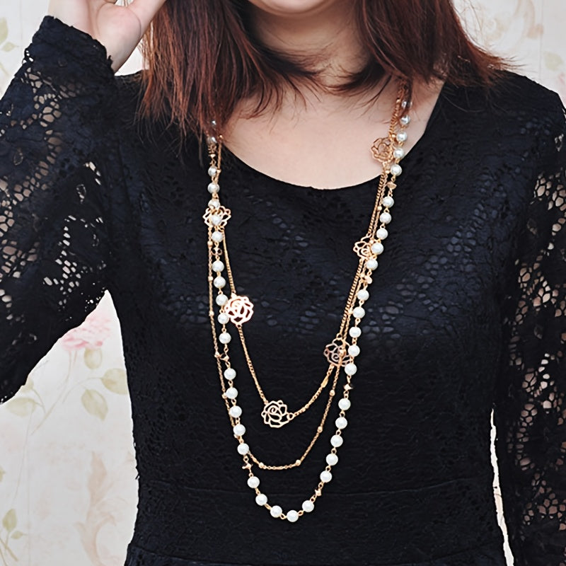 Long Sweater Chain Ladies Ornament Multilayer Imitation Pearl Rose Flower Women's Clothes Accessories Necklace