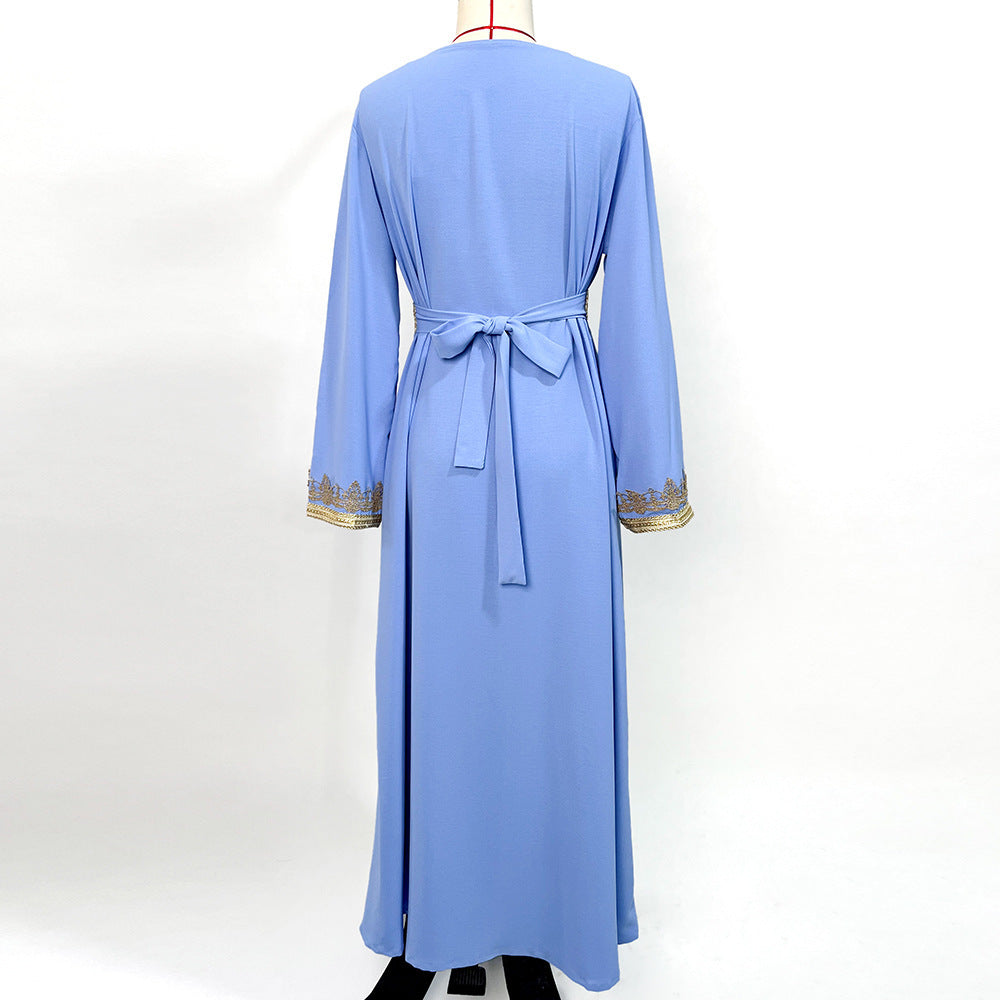 Light Blue Ribbon Hand-stitched Diamond Long Sleeve Dress