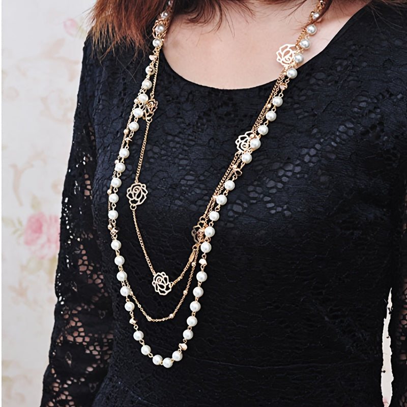 Long Sweater Chain Ladies Ornament Multilayer Imitation Pearl Rose Flower Women's Clothes Accessories Necklace