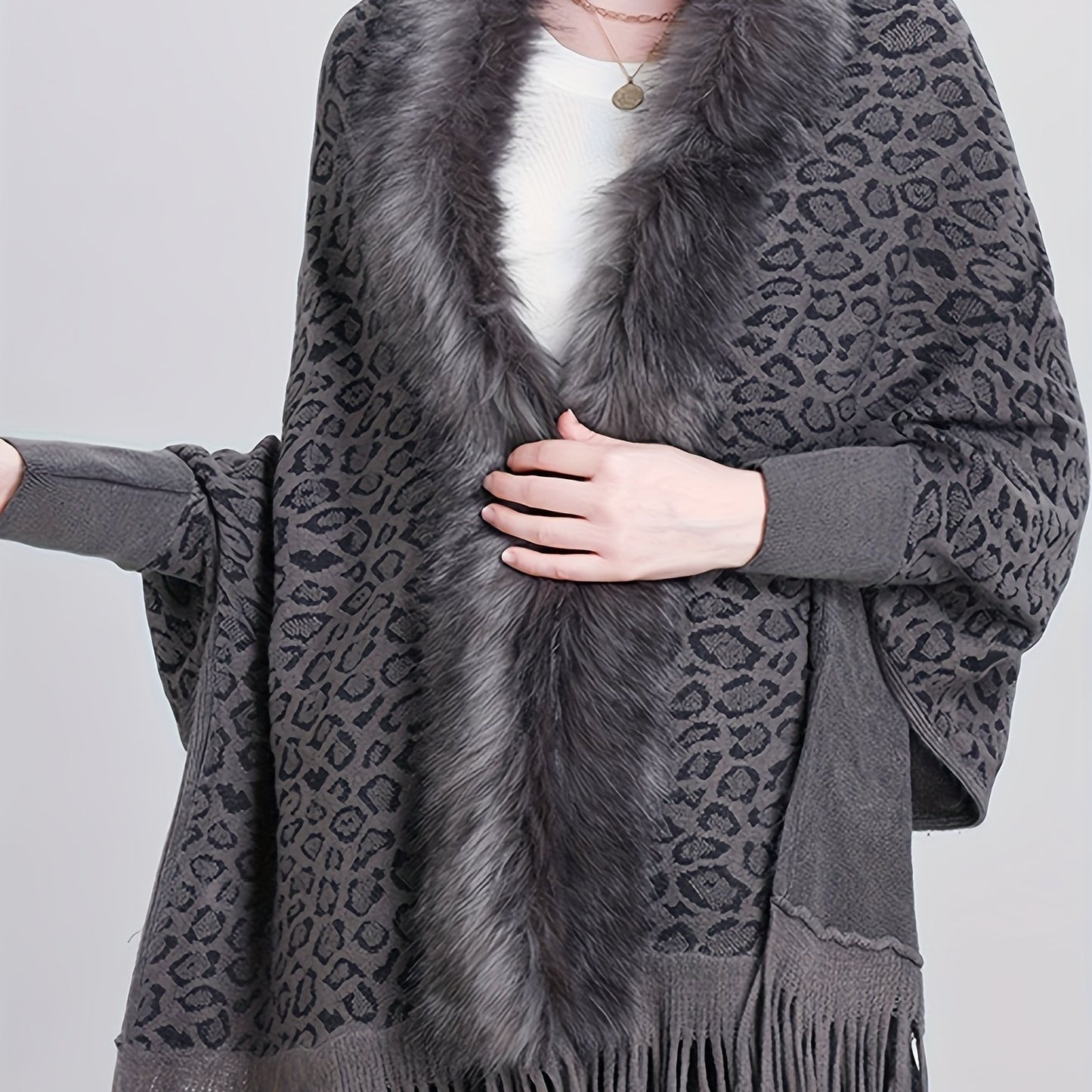 Elegant Leopard Print Knit Cardigan with Faux Fur Collar & Tassel Trim - Batwing Sleeves, Open Front Shawl Cape for Women - Perfect for Fall/Winter, for Winter