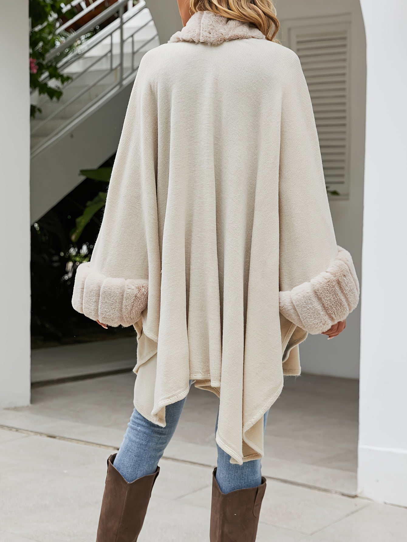 Faux Fur Trim Open Front Cardigan, Solid Color Batwing Sleeve Cape Cardigan, Women's Clothing