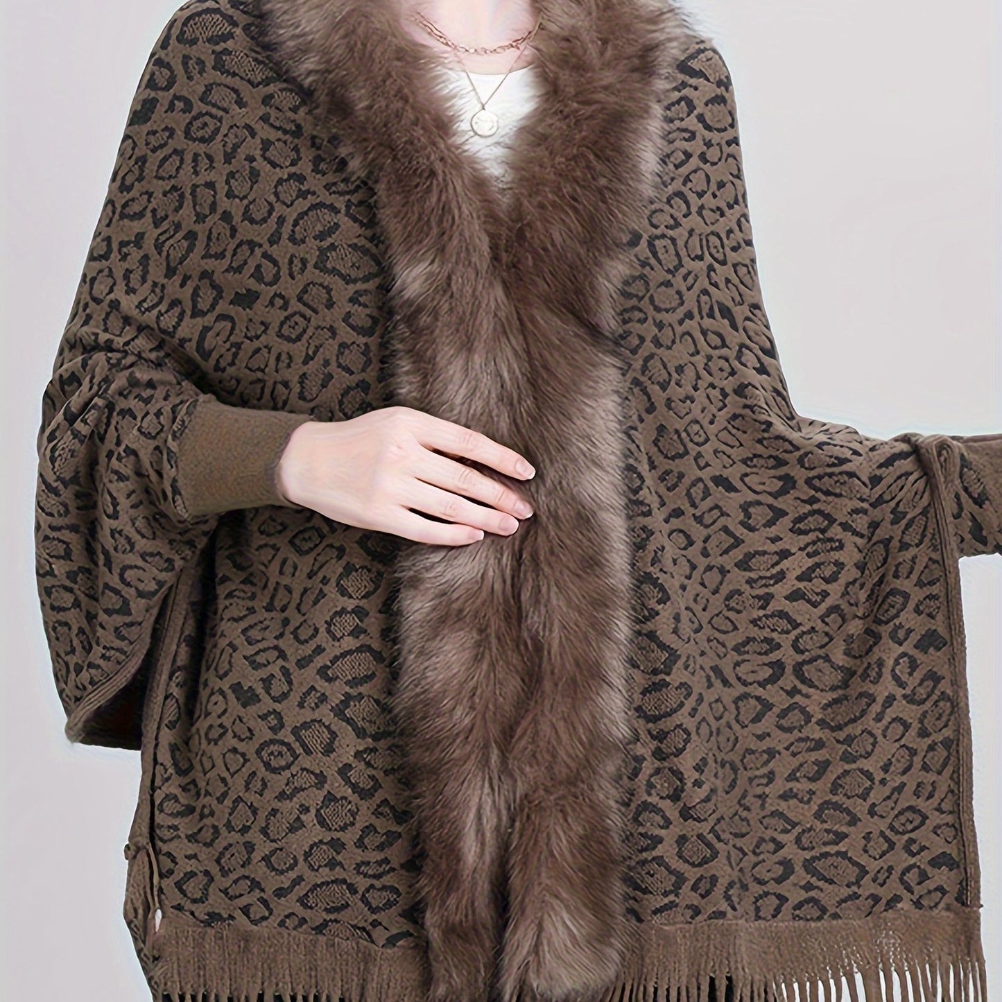 Elegant Leopard Print Knit Cardigan with Faux Fur Collar & Tassel Trim - Batwing Sleeves, Open Front Shawl Cape for Women - Perfect for Fall/Winter, for Winter