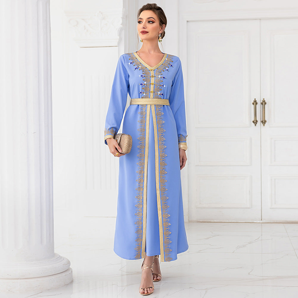 Light Blue Ribbon Hand-stitched Diamond Long Sleeve Dress